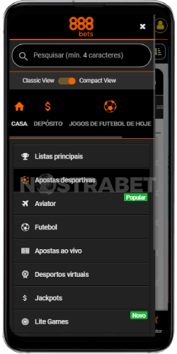 Menu 888bets no Android