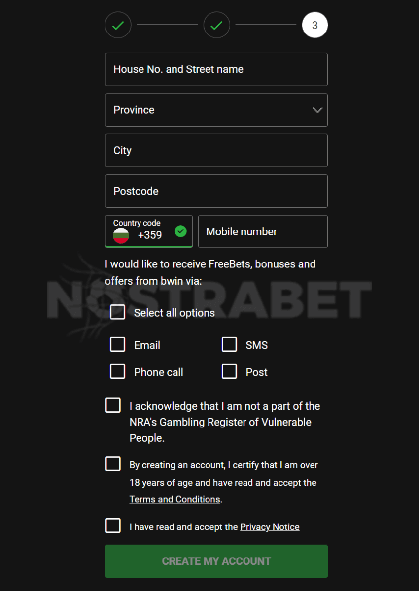 Bwin registration form step three