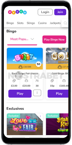 Mecca bingo home page on android