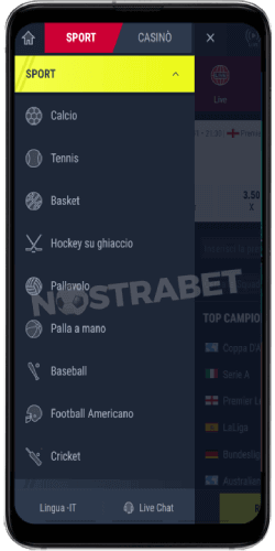 menu dell'app Android rabona