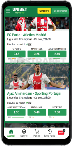 paris sportifs sur l'application android unibet